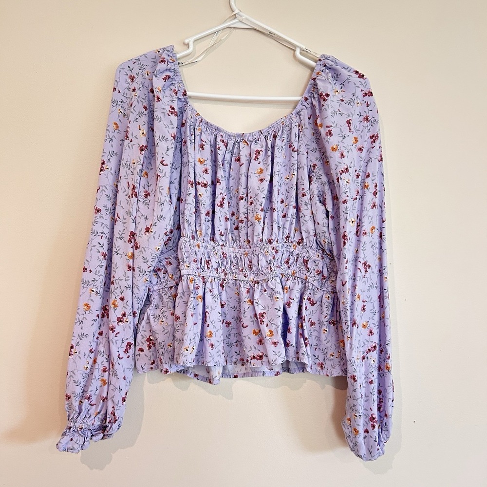 Arula Floral Purple Blouse Sz S Peasant Milkmaid Balloon Sleeve Cottagecore - Picture 6 of 10